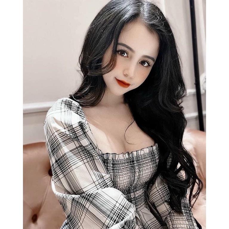 Áo cổ vuông Gamyy áo kẻ xám tay bồng bo eo dài tay co giãn