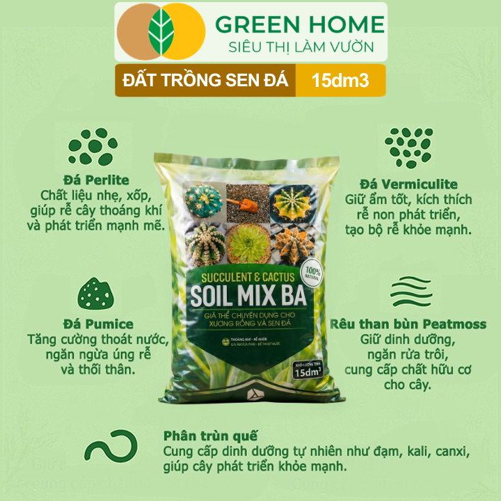 Đất Trồng Sen Đá GreenHome, Soil Mix BA, Bao 15dm3 ~ 6kg, Trộn Sẵn, 70% Đá Khoáng, Thoát Nước Tốt