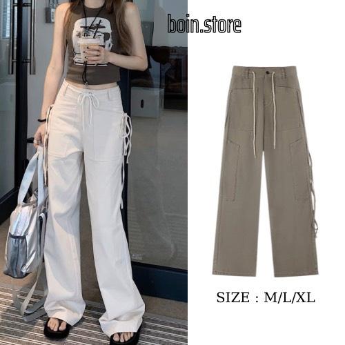 Quần KaKi Lưng Cao Phối Dây, Quần Túi Hộp Cargo Pants Có Túi Dáng Rộng Phong cách Retro cá tính Unisex