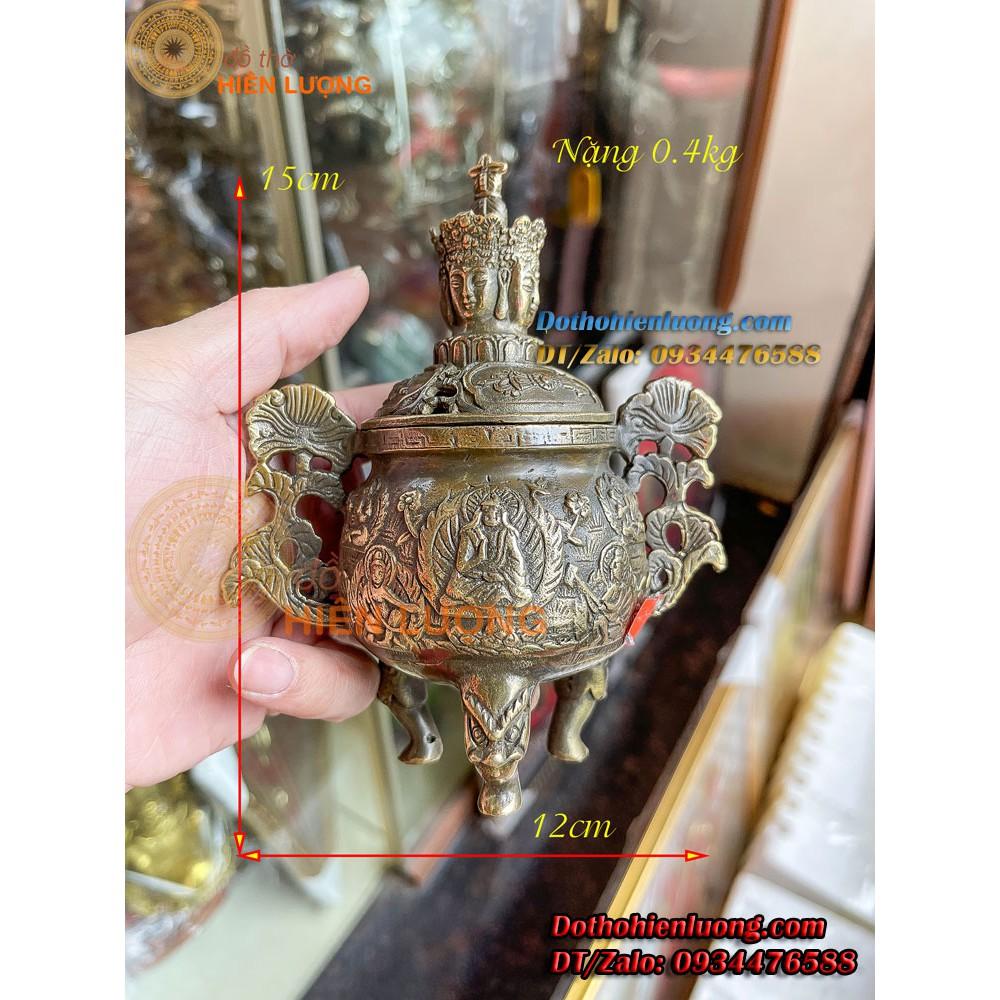 Lư Xông Trầm Màu Nâu Nắp Phật Tứ Diện Cao 15cm Bằng Đồng Hun nguyên Chất
