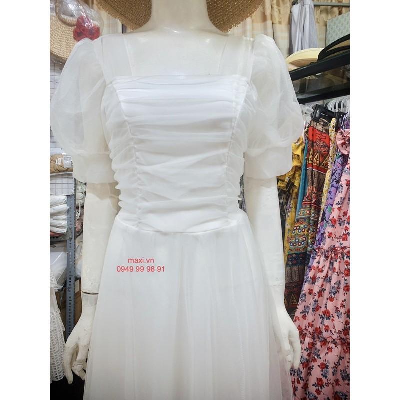 Đầm maxi trắng cổ vuông xốp