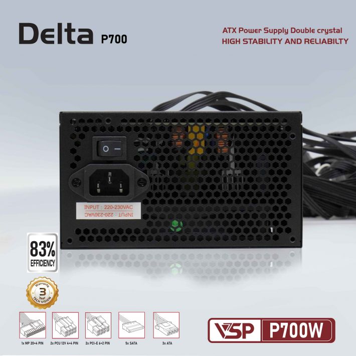 Nguồn máy tính VSP 700W Delta P700W ATX Công suất thực - Hàng chính hãng VSP phân phối
