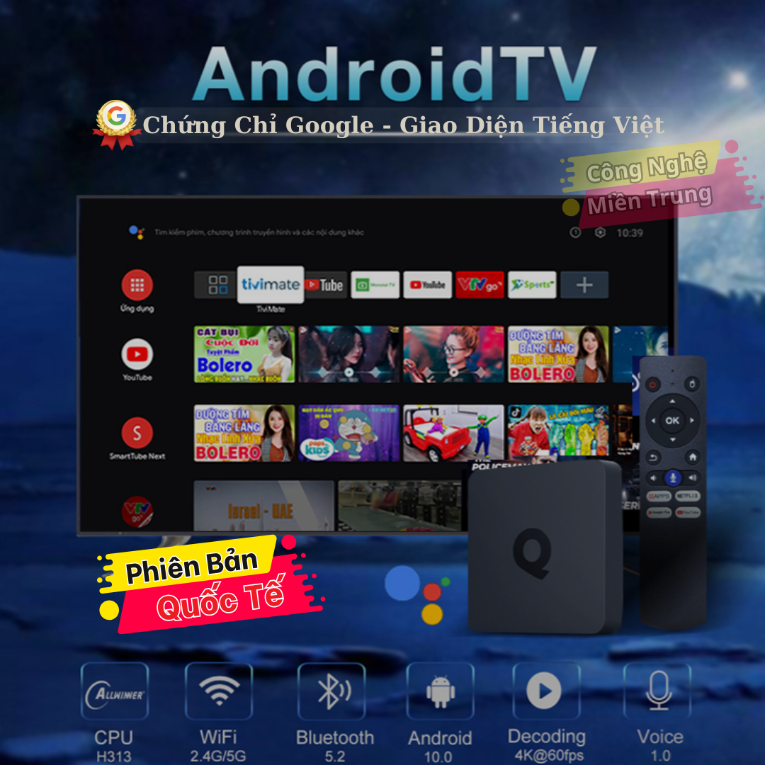 Android Tivi Box Q1 Qixi  - Ram 2G - Android TV 10 - Dual Wifi - Bluetooth - Netflix - Remote Tìm Kiếm Bằng Giọng Nói - Hàng Nhập Khẩu