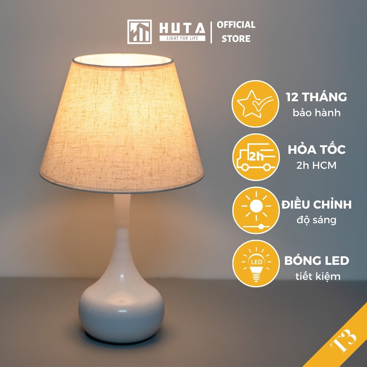 Đèn Ngủ Để Bàn HUTA Light For Life T3 Tăng Giảm Điều Chỉnh Độ Sáng, Thép, Trang Trí Phòng Ngủ
