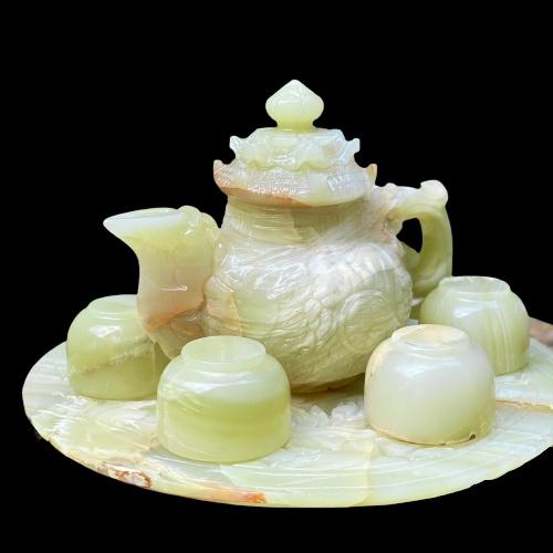 Bộ Ấm Trà Chạm Rồng Thủ Công , Ấm Trà Cung Đình Đá Ngọc Hoàng Long & Đá Ngọc Onyx