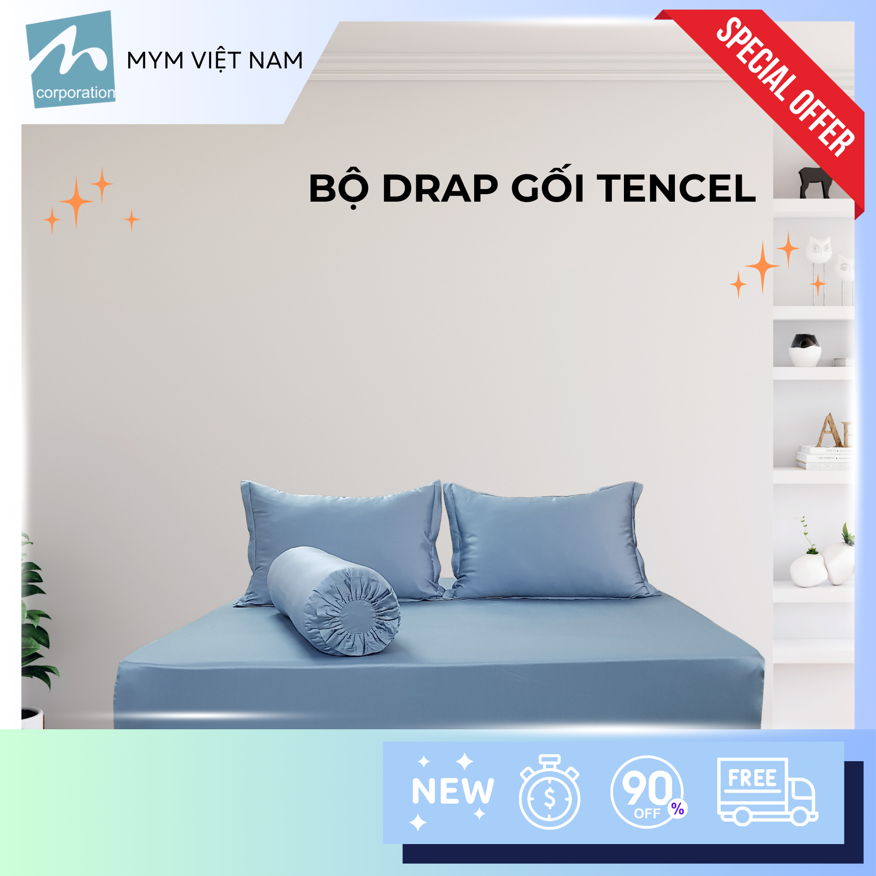 Bộ drap gối MYM chất liệu vải Tencel màu 160CM x 200CM x 30CM