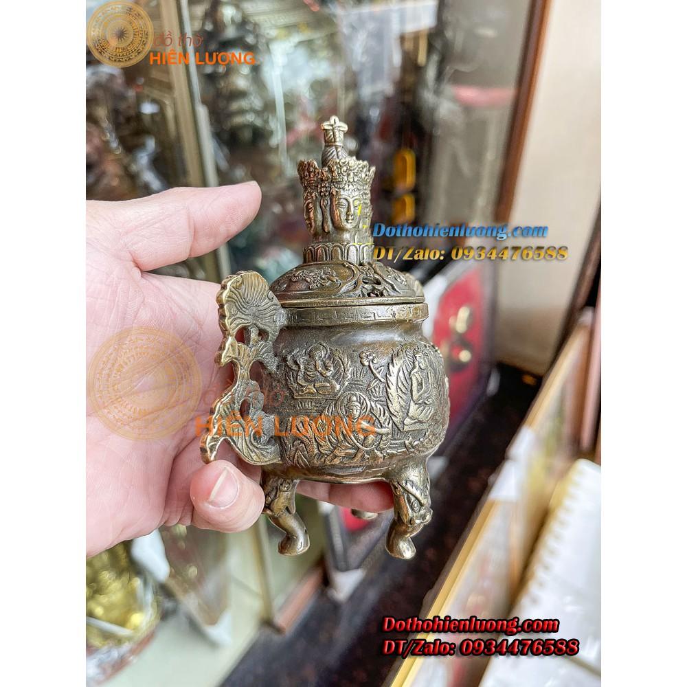 Lư Xông Trầm Màu Nâu Nắp Phật Tứ Diện Cao 15cm Bằng Đồng Hun nguyên Chất