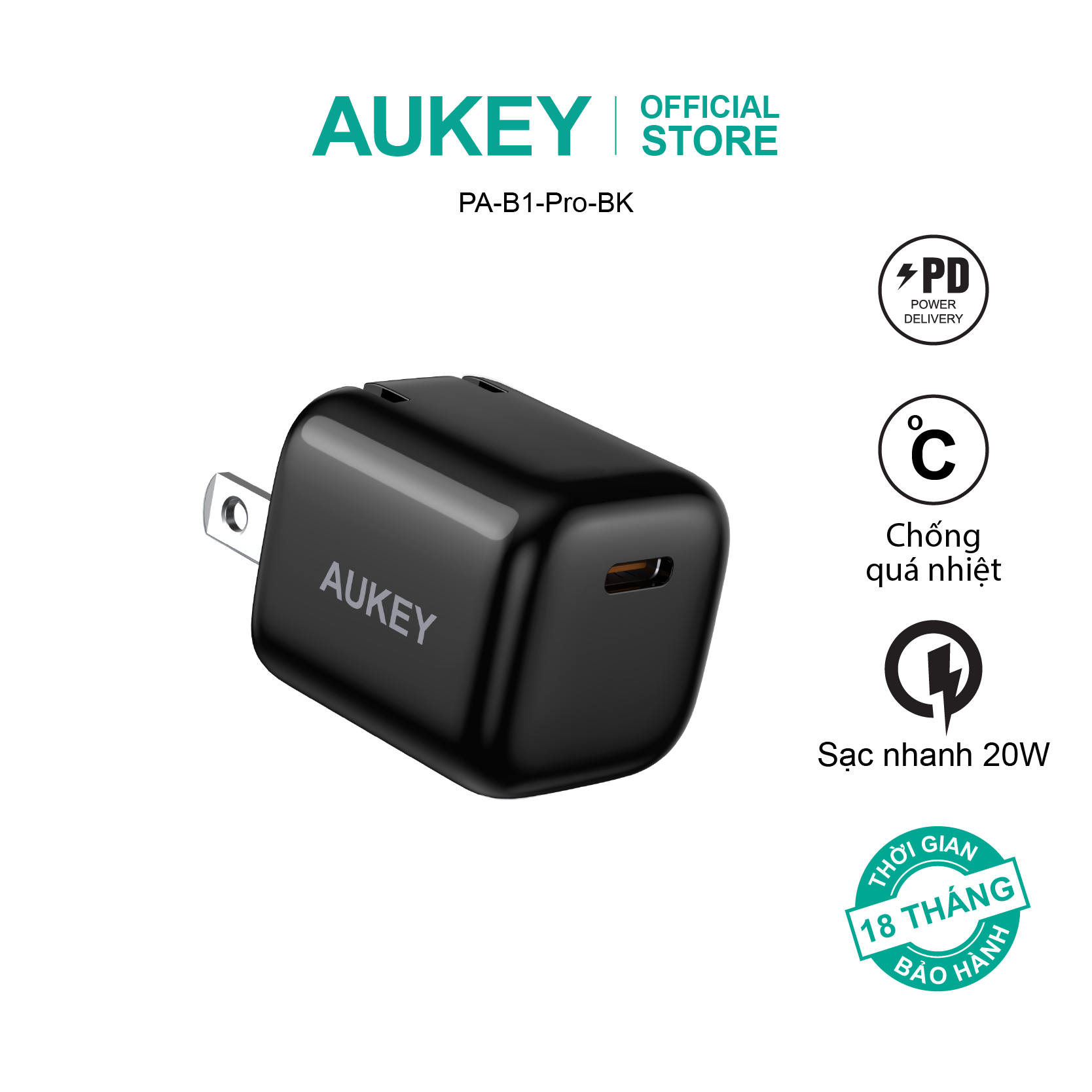 Combo bộ sạc Aukey cho Iphone củ sạc PA-B1PRO 20W và cáp sạc CB-CL3 hàng chính hãng