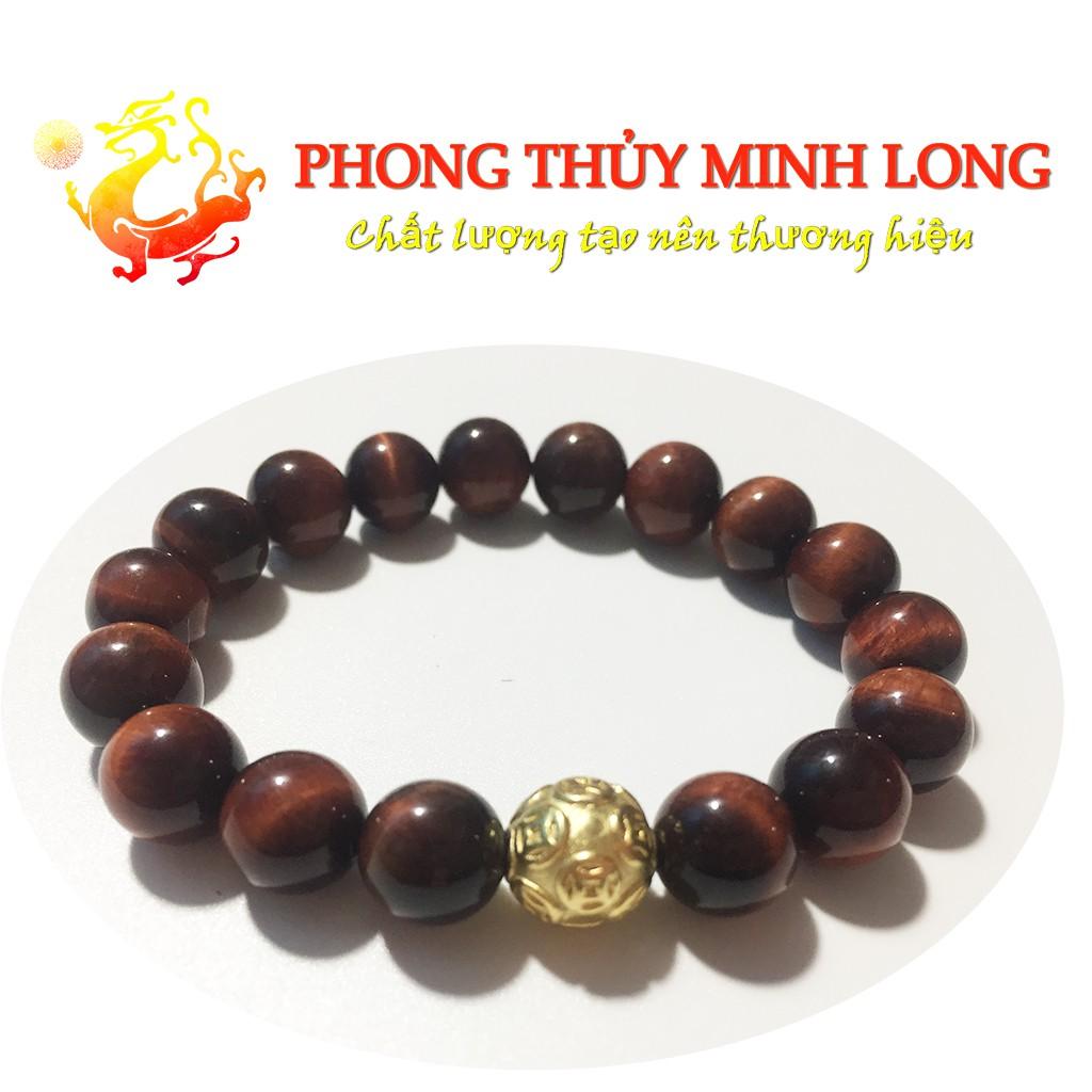 Vòng tay đá mắt hổ Đỏ Nâu chất lượng 5A Mix 1 hạt Kim Tiền Vàng hợp mệnh Hỏa và Thổ
