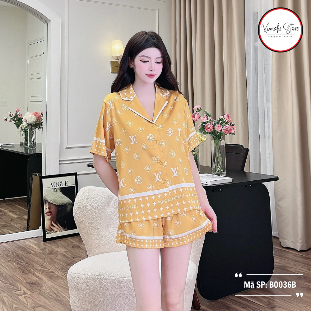 Bộ pijama áo cộc quần đùi hoạ tiết chữ nhiều màu chất lụa cao cấp Xumaki Store BO036B