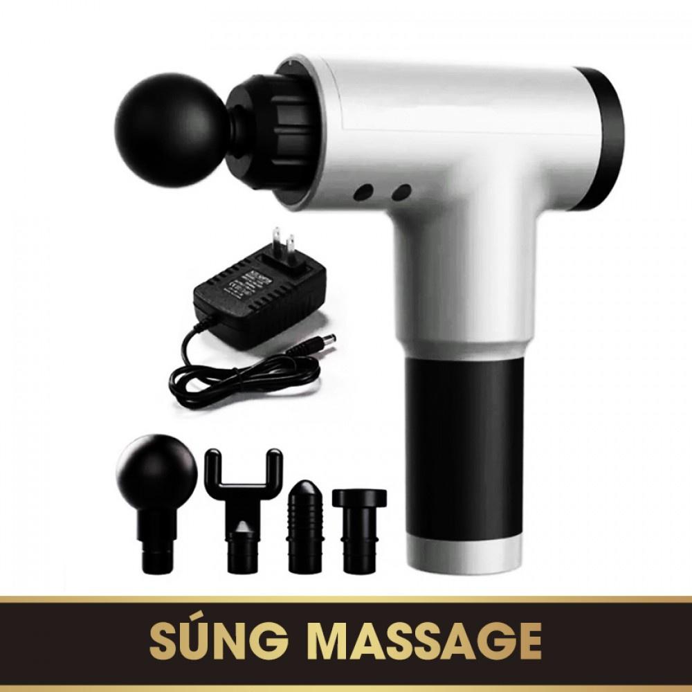 Máy massage Fascial Gun cầm tay 4 đầu 6 cấp độ trị đau nhức toàn thân hiệu quả, súng massage kèm 4 đầu mát xa chuyên sâu