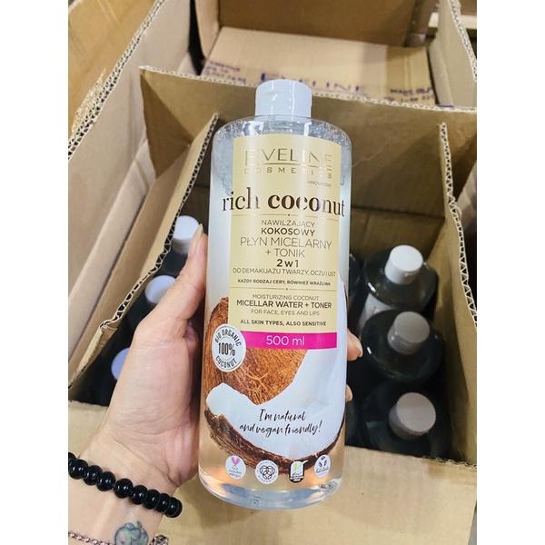 [Tặng sữa rửa mặt 150ml ] Nước tẩy trang Eveline Rich Coconut dưỡng ẩm tinh dầu dừa 2 tác động 500ML