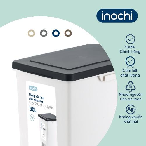 Thùng rác đạp chữ nhật Inochi - Hiro 30L (kèm ruột) Màu sắc: Thân Trắng kem + Nắp Ghi/ Xanh/ Nâu/ Be