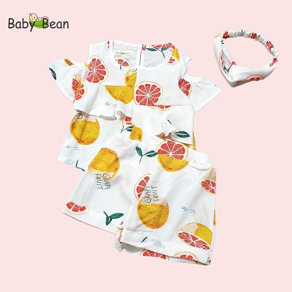 Bộ Đồ Lụa Vai Nhún Bèo hình Trái Cây bé gái BabyBean kèm Băng-Đô