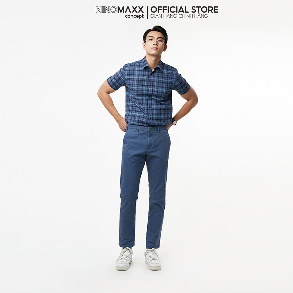 N&amp;M Áo Sơ mi caro nam Basic tay ngắn 100% cotton form slim fit trẻ trung 2110028