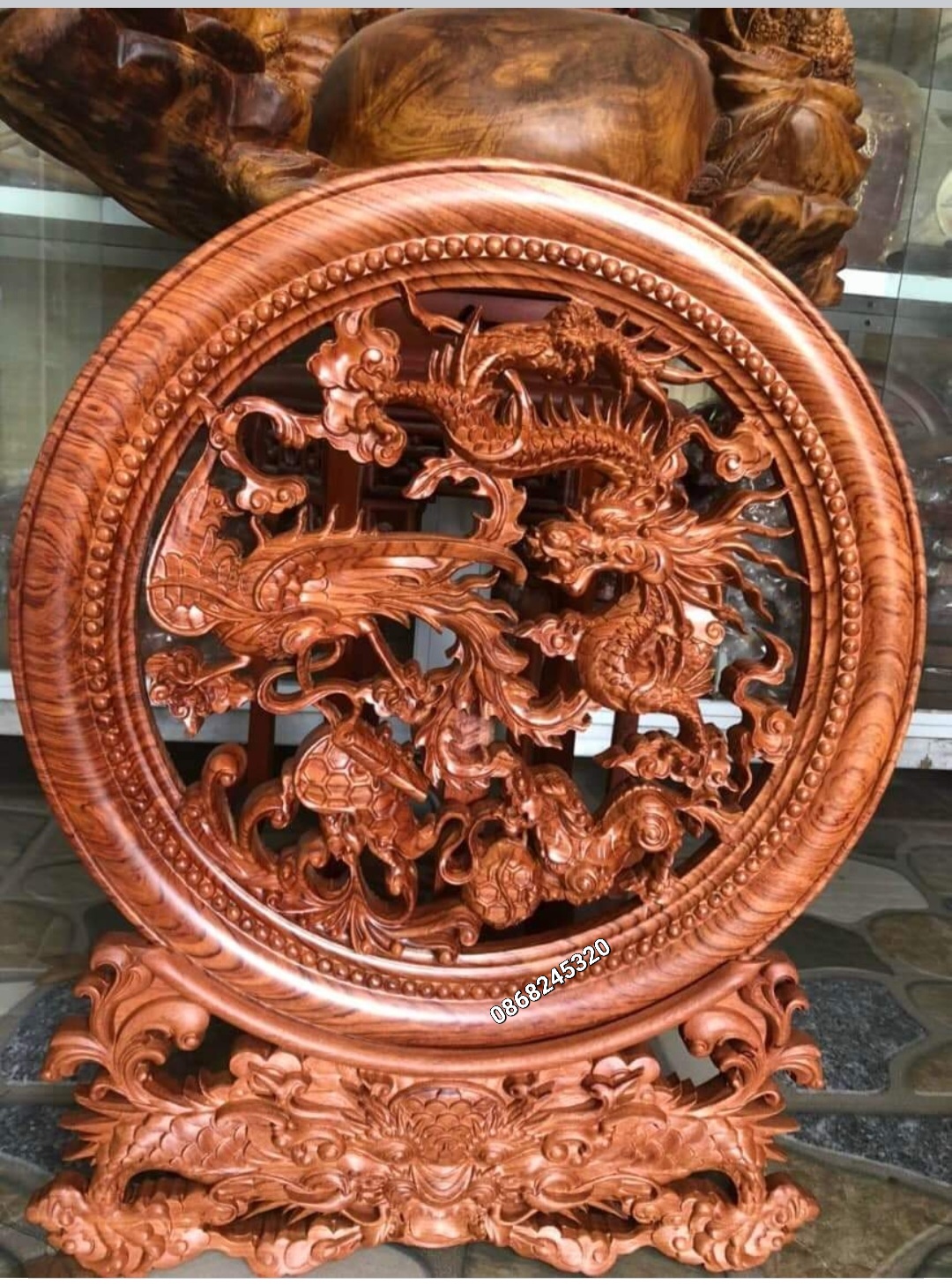 Đĩa chạm khắc tứ linh phong thủy bằng gỗ hương đá kt mặt tròn 50×4cm