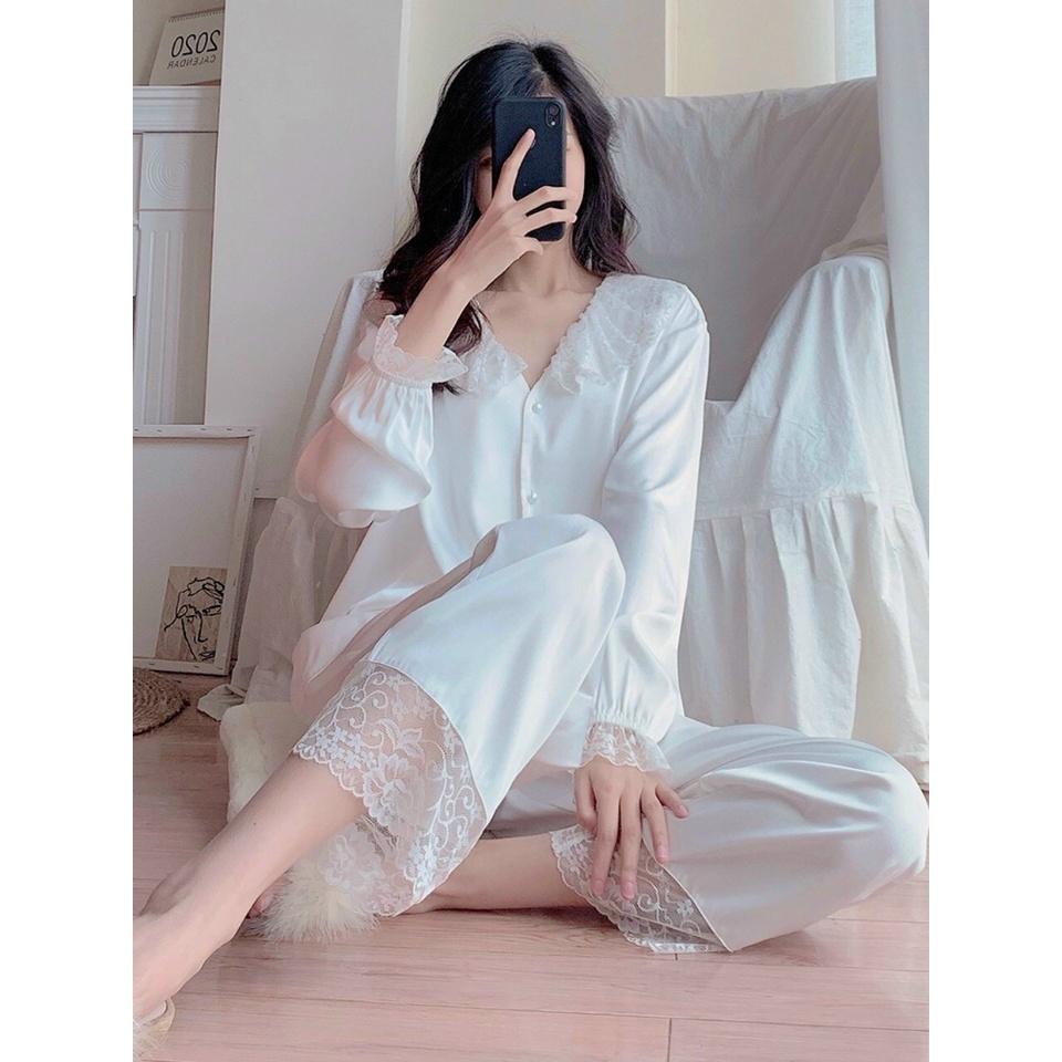 Đồ Bộ Pijama Lụa Cổ Phối Ren Tay Dài Quần Dài Mặc Nhà Hàng Chuẩn Đẹp Sang Trọng Cao Cấp QC635285
