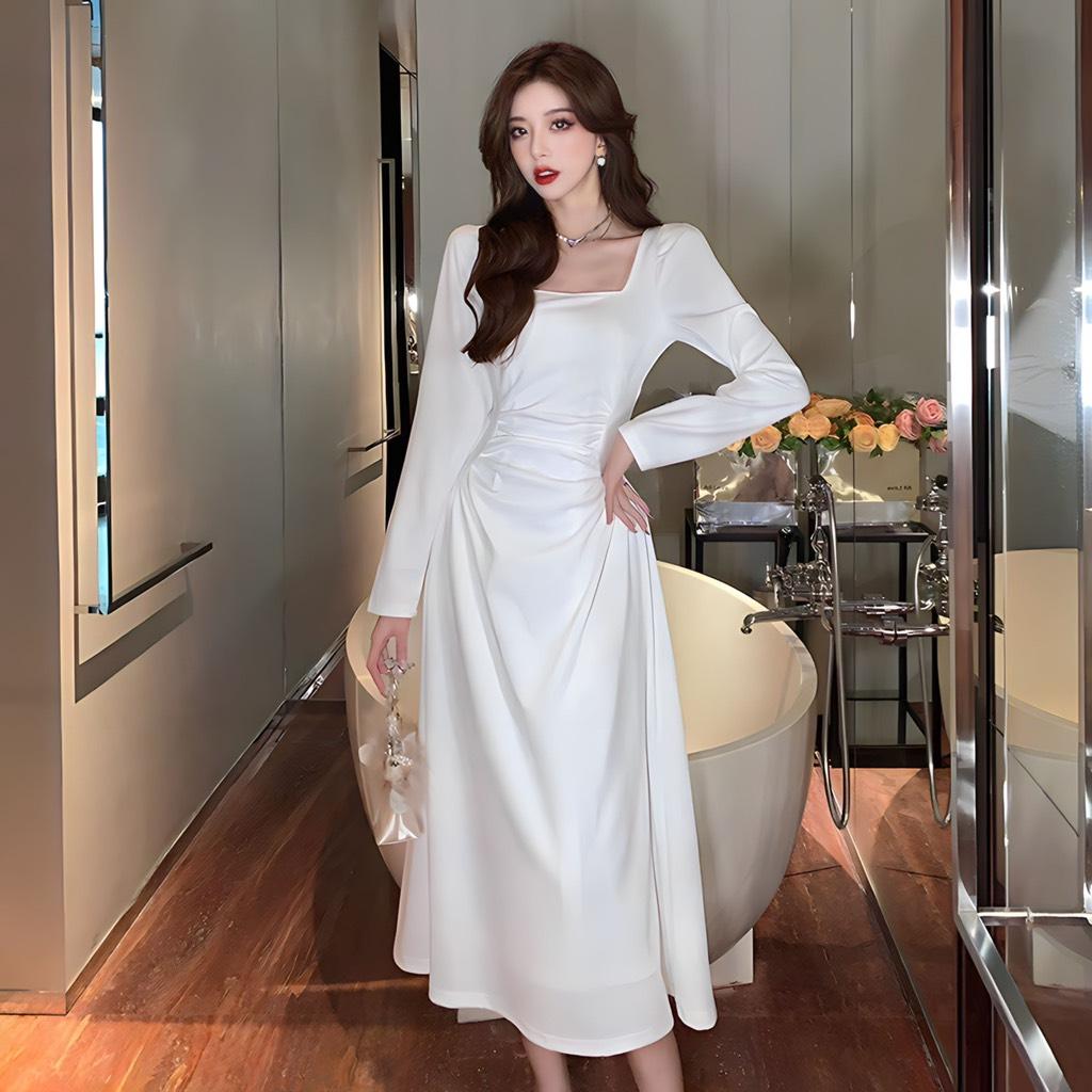 Đầm maxi cổ vuông tay dài xoắn eo
