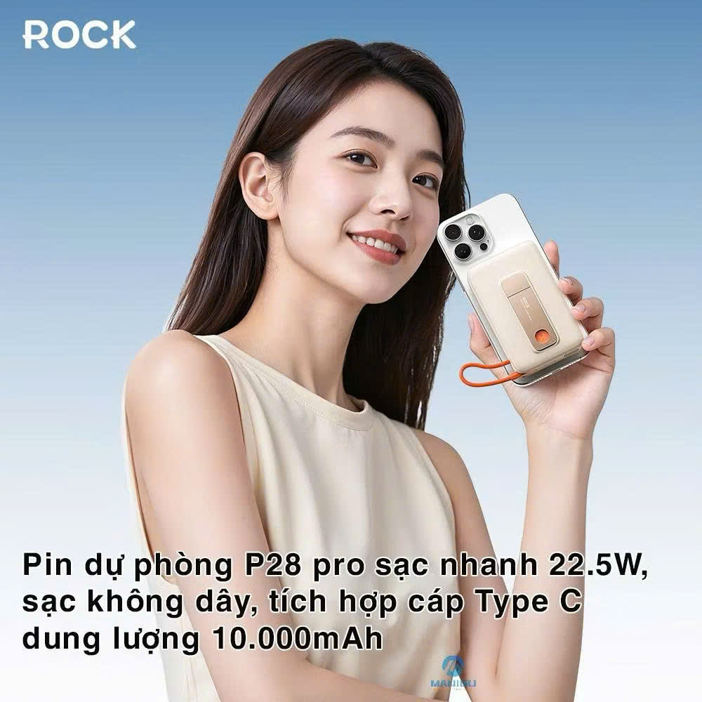 Pin sạc dự phòng không dây 10000mAh kiêm giá đỡ điện thoại Rockspace P28 Pro sạc nhanh 22.5W Magnetic Wireless tích hợp cáp - hàng chính hãng bảo hàng 12 tháng