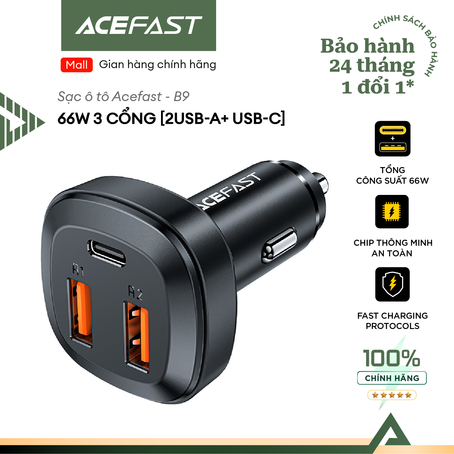 Sạc ô tô Acefast 66W 3 cổng 2xUSB-A + USB-C - B9 Hàng chính hãng Acefast