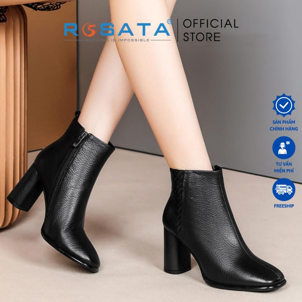 Giày bốt nữ cổ cao đế vuông 7 phân mũi nhọn khóa kéo ROSATA RO307 ( BẢO HÀNH 12 THÁNG ) - Nâu