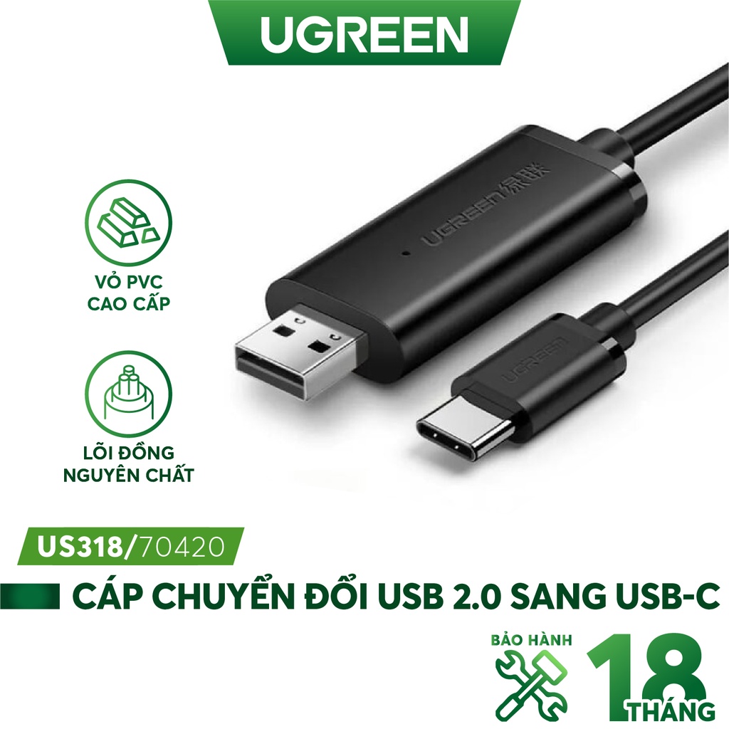 Cáp truyền dữ liệu USB 2.0 to Type C Ugreen 70420 dài 2m -Hàng chính hãng