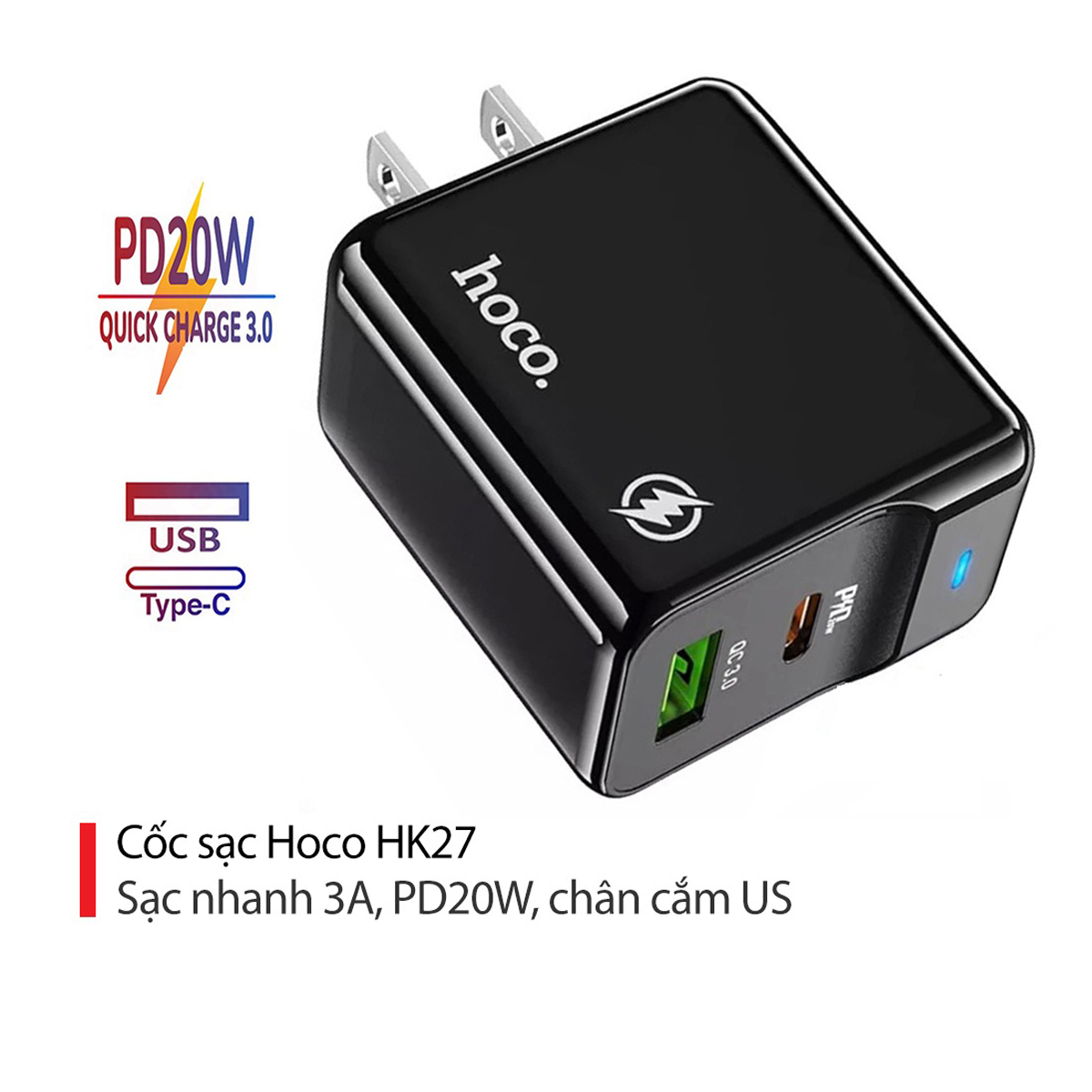 Cốc sạc PD20W Hoco HK27 chân dẹt cổng USB và Type-C , QC3.0 chất liệu chống cháy cao cấp ( 2 màu ) - Hàng chính hãng