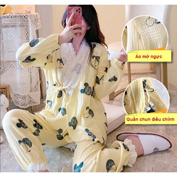 Bộ đồ bầu sau sinh và cho con bú ti XÔ NHẬT thô đũi Đẹp, mát -, Pijama mặc nhà dài tay cho mẹ Bigsize