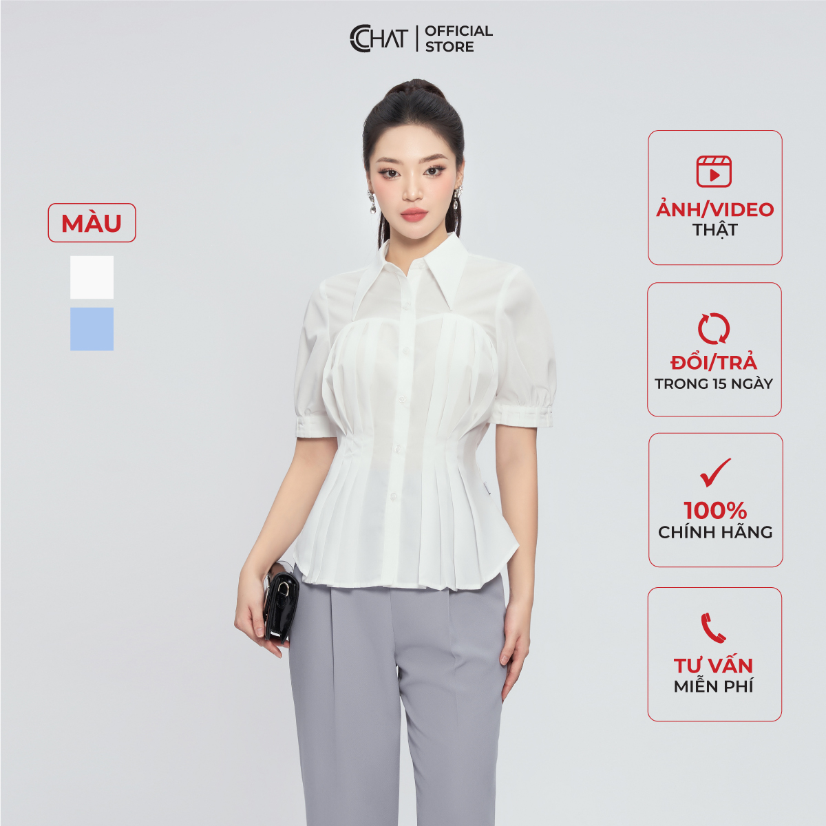 Áo Sơ Mi Nữ Kiểu Xếp Ly Ngực Dáng Suông Ôm Nhẹ Chất Thô Cao Cấp 13FNT2008OT