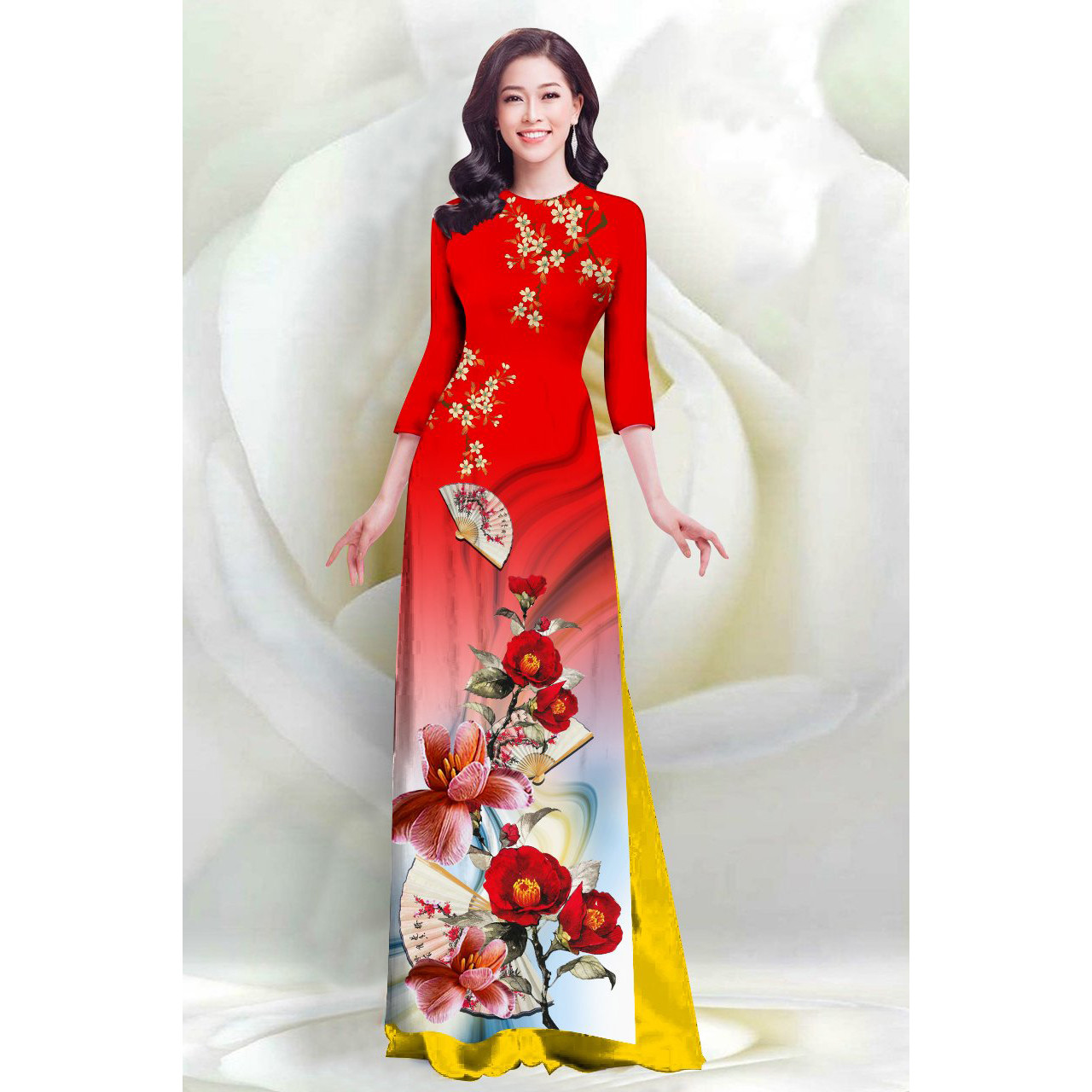SÉT ÁO DÀI LỤA TRUYỀN THỐNG IN HOA SỨ QUẠT 4D MÀU ĐỎ