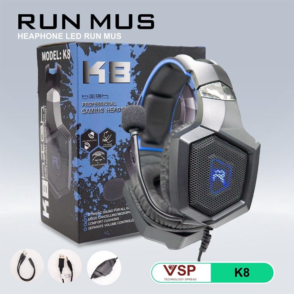 HEADPHONE LED GAMING K8 GUNMUS , CÓ MIC , JACK USB KÈM JACK 3.5MM