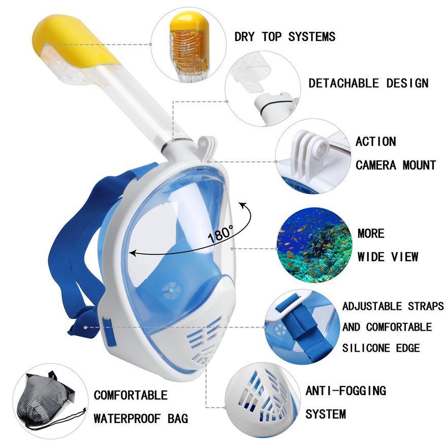 Mặt Nạ Lặn Biển Fullface -Mặt lạ lặn có ống thở, van 1 chiều,không vào nước,góc nhìn 180 độ,gắn được camera,lặn được sâu