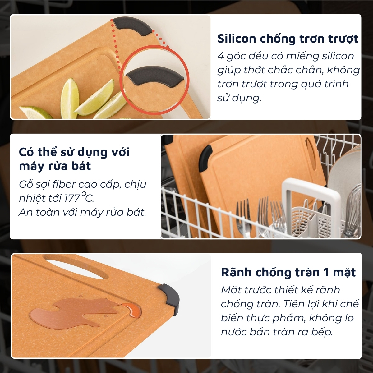 Thớt gỗ sợi fiber DandiHome chịu nhiệt 177 độ C, sử dụng với máy rửa bát, không BPA, không mùi, không lo ẩm mốc