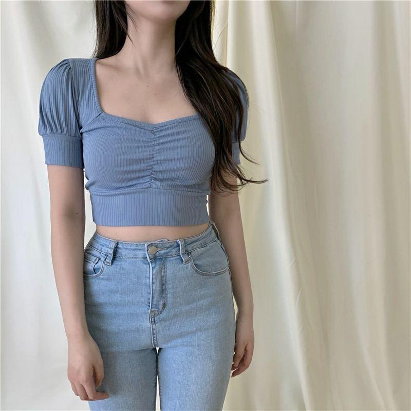 Áo croptop Tay Phồng ngắn cổ vuông nhún ngực A2-TPN