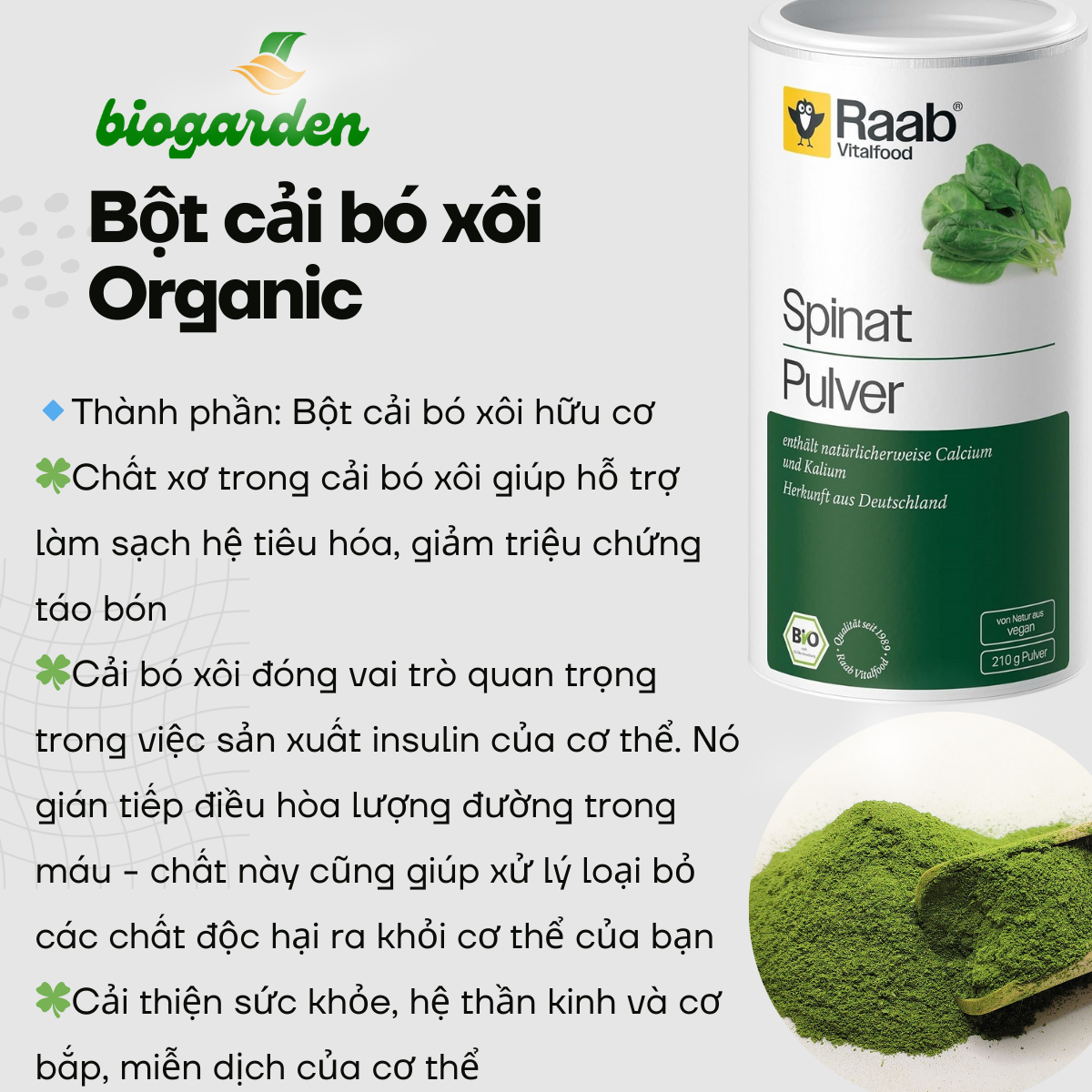 Bột Cải Bó Xôi Hữu Cơ Raab (210g)