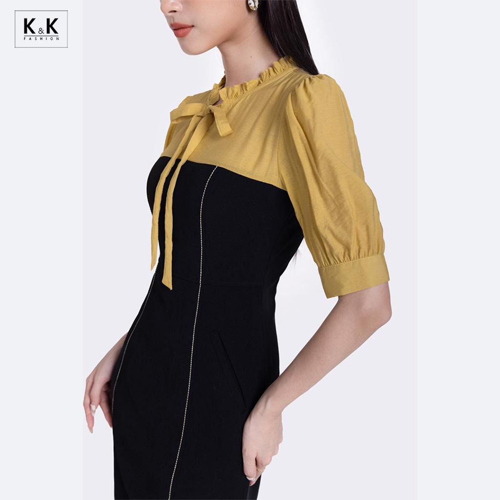 Đầm Đen Công Sở Dáng Ôm Phối Màu K&amp;K Fashion KK114-38 Chất Liệu Tuyết Mưa Phối Tơ Xốp