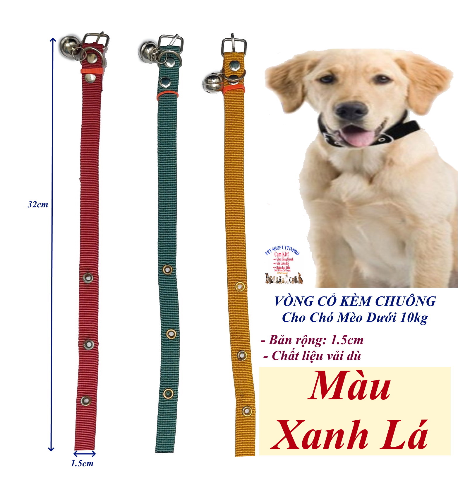 Vòng cổ kèm chuông cho Chó Mèo dưới 10kg Bản rộng 1.5cm Chất liệu vải dù Có gài điều chỉnh Giúp thú cưng dễ chịu khi đeo