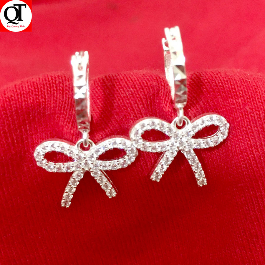 Bông tai nữ hình lơ bạc ta dáng dài gắn đá cobic trắng cao cấp trang sức Bạc Quang Thản - QTBT107