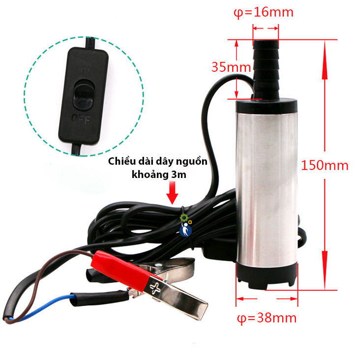 Máy Bơm Chìm Bơm Dầu Bơm Nước Mini Phi 38mm - 12V