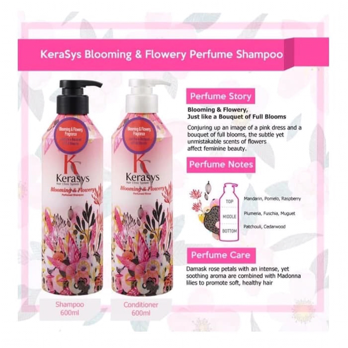 Dầu gội nước hoa Kerasys Blooming &amp; Flower hương tuyết tùng và linh lan Hàn Quốc 600ml + Móc khoá