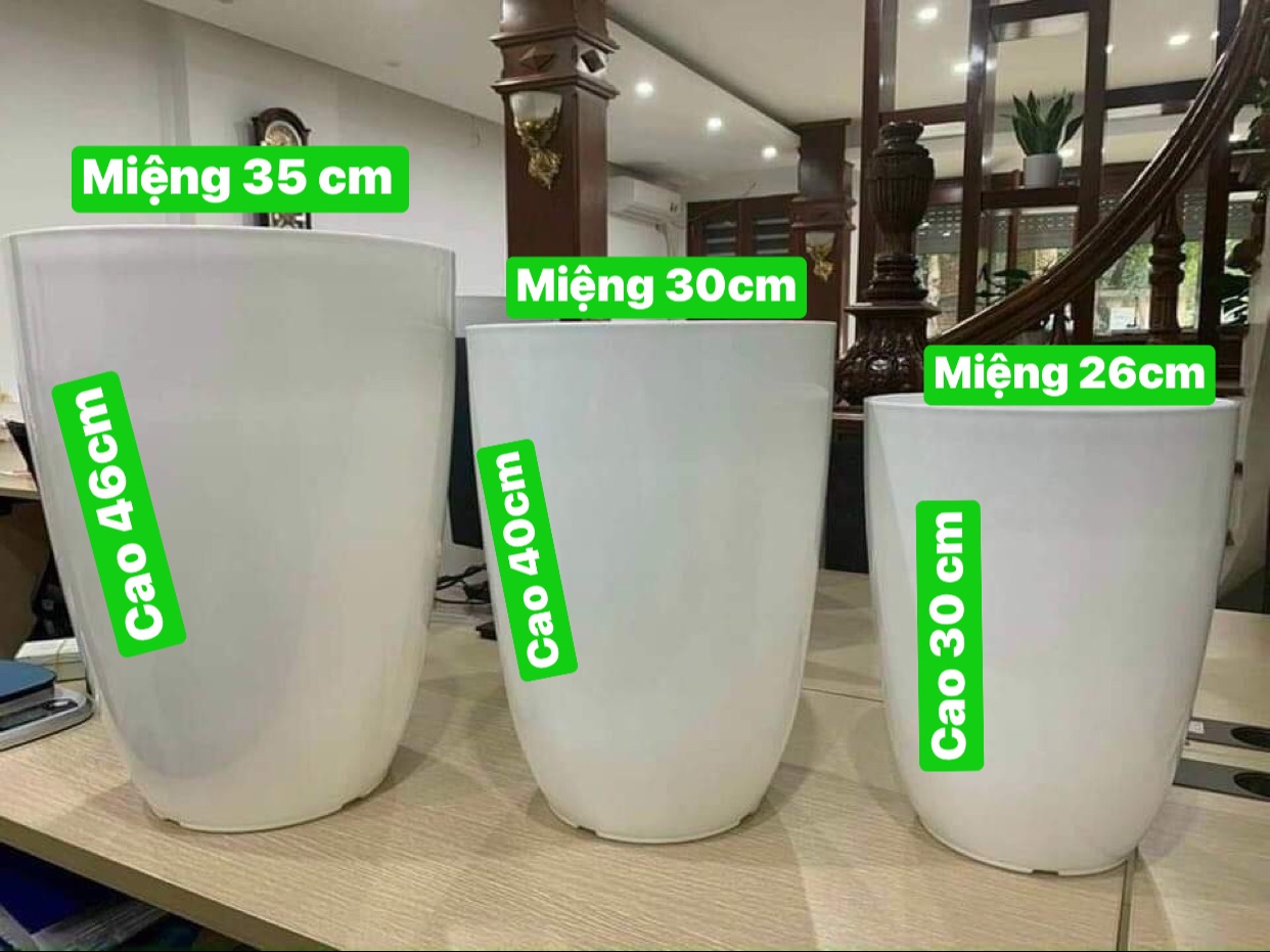 Chậu nhựa bom trơn giả sứ cao cấp _Chậu bầu dáng cao lòng sâu MÀU TRẮNG  KT 35 X 46 cm