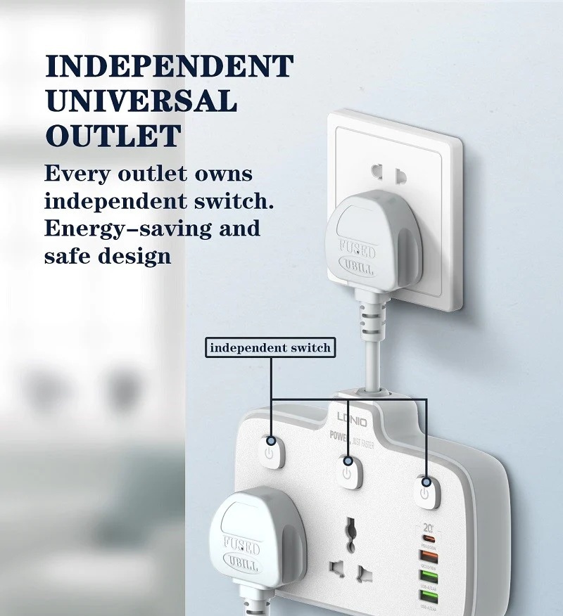 Ổ cắm điện đa năng 6 in 1 hỗ trợ sạc nhanh PD 20w ra 2 ổ cắm điện, 1 PD Type C 20W và 3 USB A QC 3.0 18W hiệu LDNIO SC2413 - hàng nhập khẩu