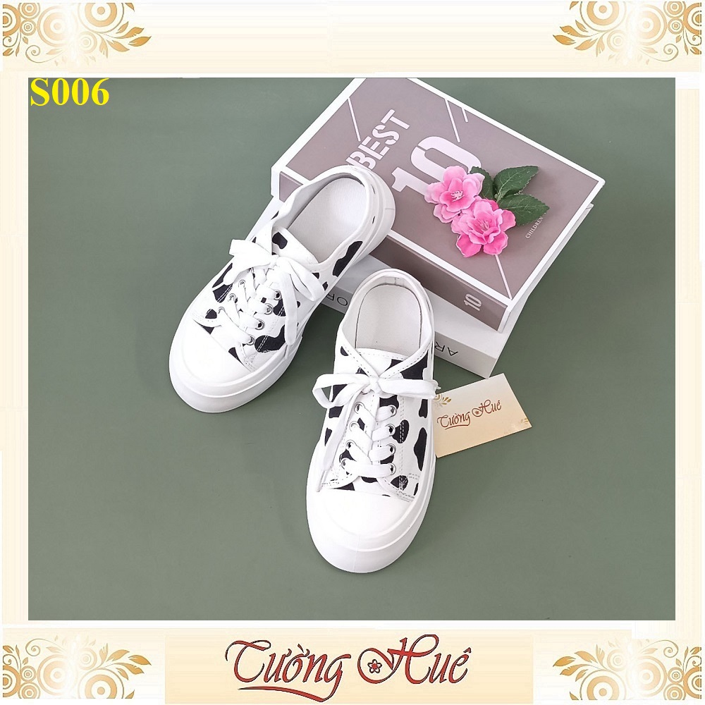 Giày Sục Nữ Buộc Dây Bít Mũi Họa Tiết Bò Sữa Đế Bánh Mì - S006