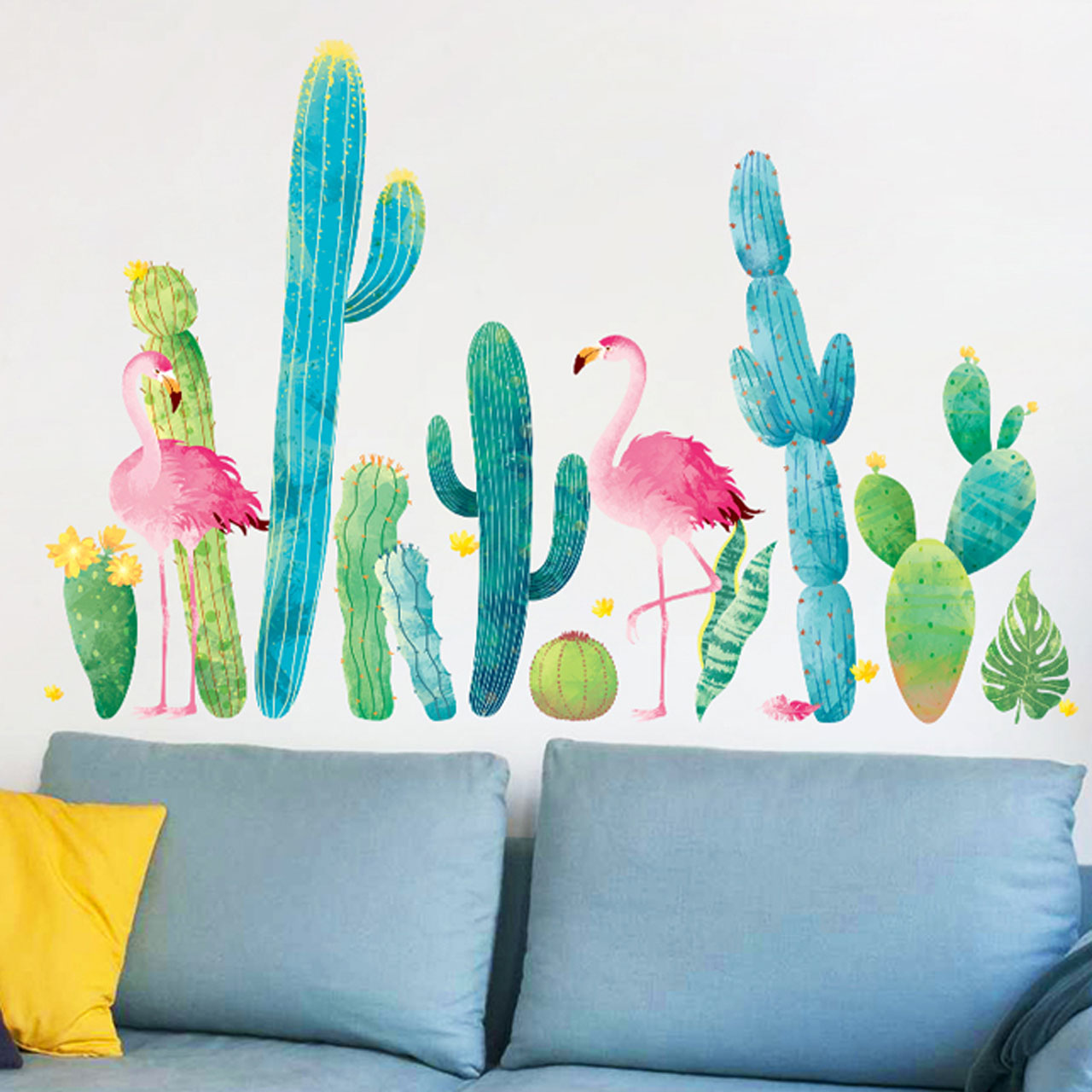 Decal dán tường trang trí quán cafe- Hạc hồng và xương rồng-