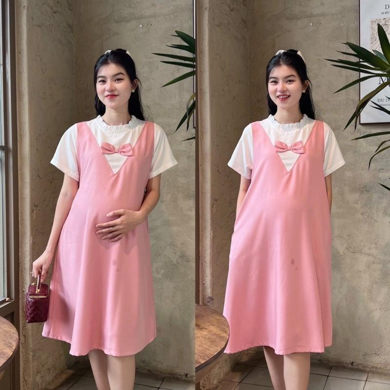 Đầm bầu yếm liền công sở cổ bèo tim đính nơ chất cotton lạnh mềm mịn dễ thương - Xanh rêu