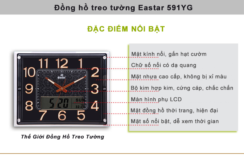 Đồng hồ Eastar Mặt kính Nổi, Có Dạ quang (*) Nhiệt kế và Lịch Vạn niên Điện tử