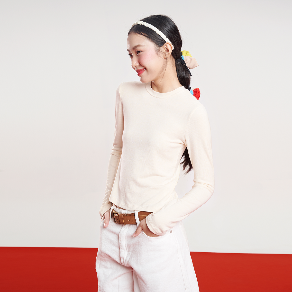 DOTTIE - Áo thun tay dài căn bản - Kem - T0861