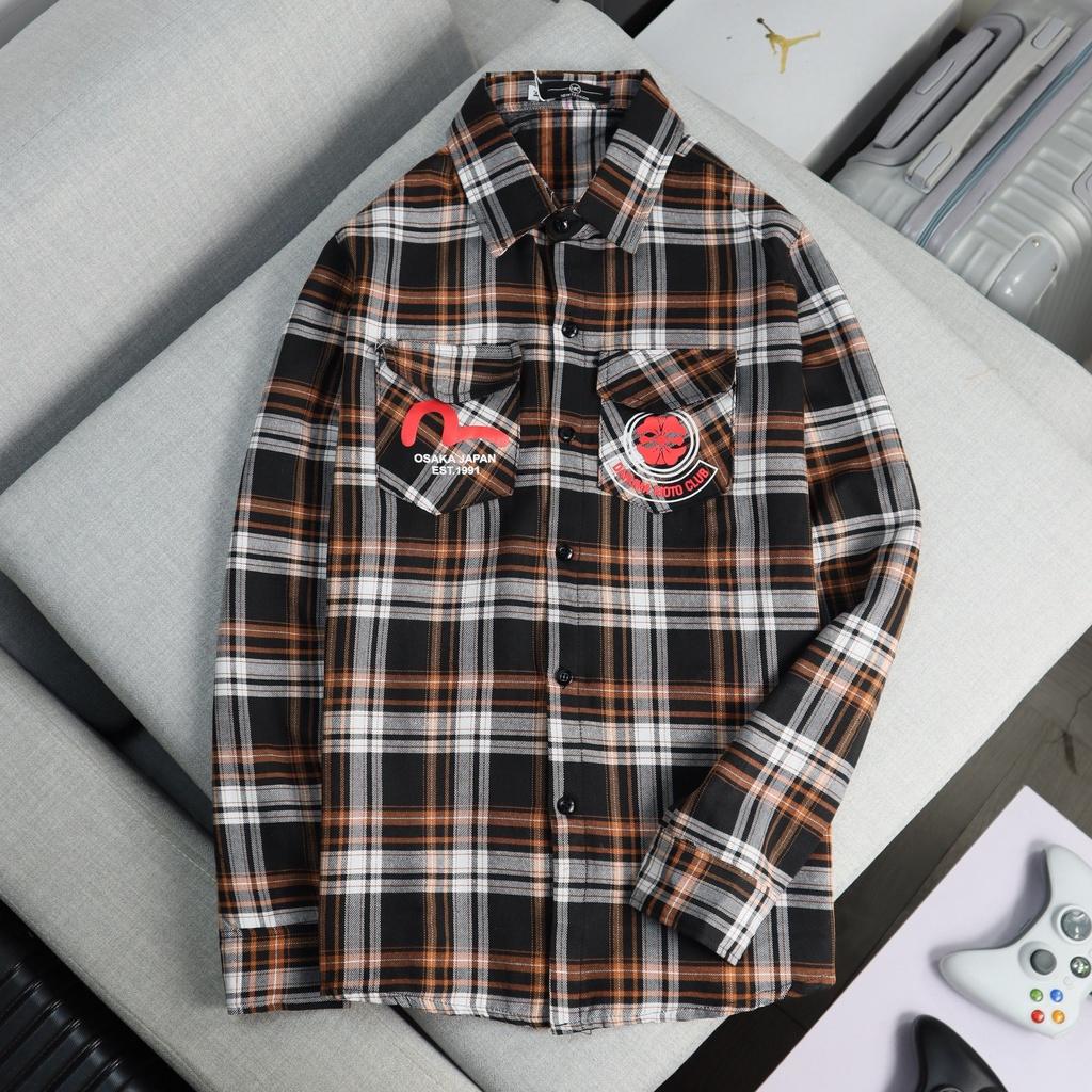 ÁO SƠ MI NAM CARO TAY DÀI LOGO THÊU EVISU DARUMA HOTTREND THỜITRANG NAM 1986