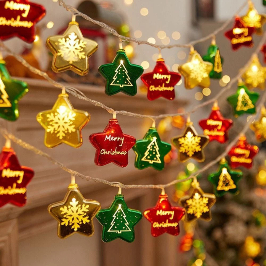 Dây đèn 16 Ngôi Sao Hình Noel-Sáng Vàng-Ko Nối