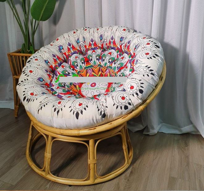 Ghế mặt trăng Papasan mây thật cao cấp Juno Sofa size 1m, Nệm hoa văn Indochine